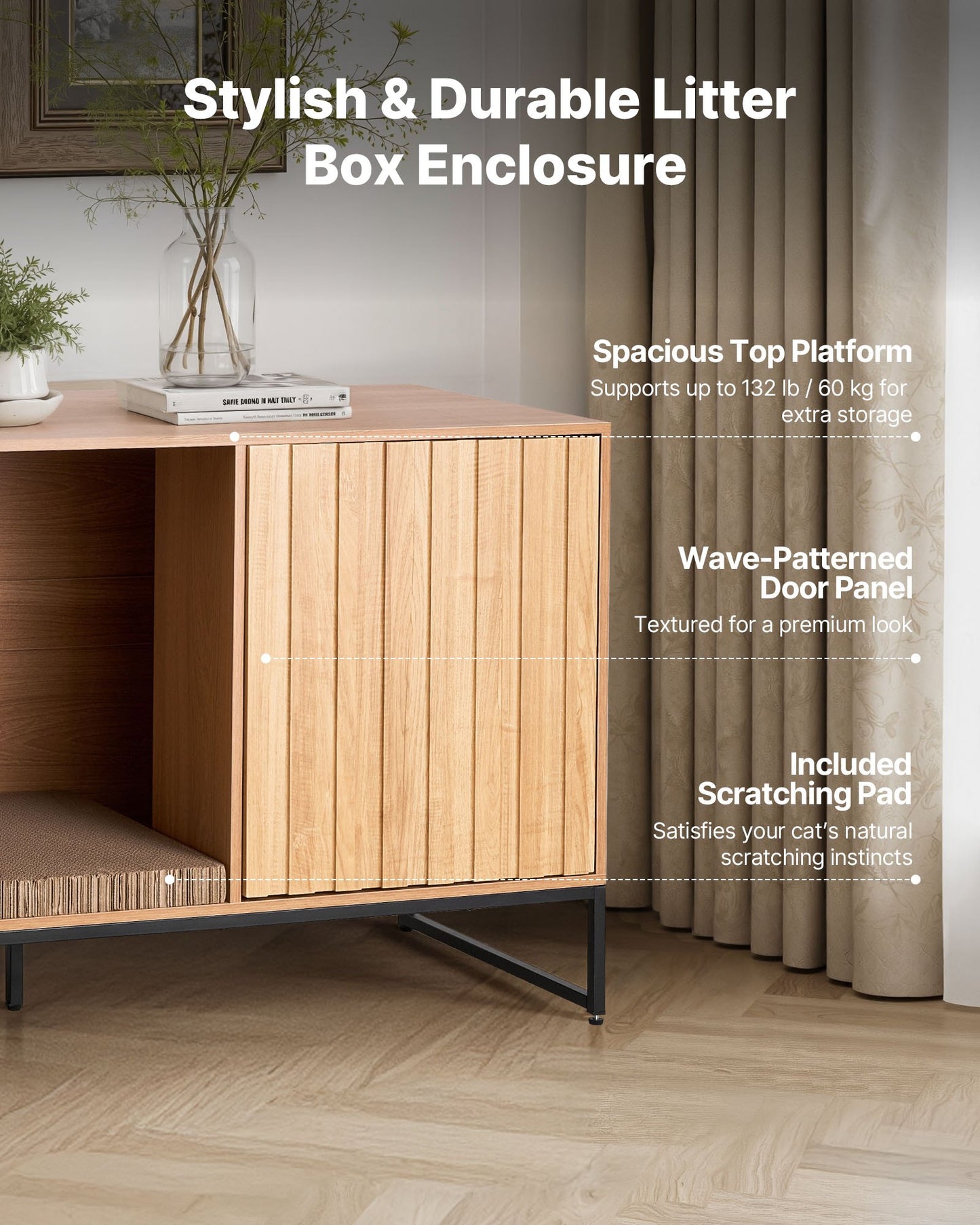 Cat Litter Box Enclosure Furniture, 47.2 in Hidden Litter Box Cabinet with Scratch Pad & Storage, Waterproof Cat Washroom End Table Cat House, Fit Most of Litterbox, for Bedroom Living Room