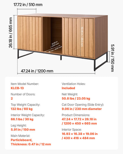 Cat Litter Box Enclosure Furniture, 47.2 in Hidden Litter Box Cabinet with Scratch Pad & Storage, Waterproof Cat Washroom End Table Cat House, Fit Most of Litterbox, for Bedroom Living Room