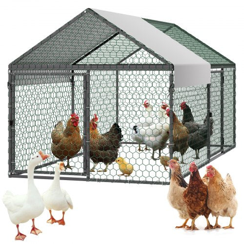 Metal Chicken Coop for 4-6 Chickens, 3.3 x 6.6 x 3.3 ft, Small Chicken Cage with Waterproof Cover & Double Doors, Spire Roof Poultry Run Compatible with Wooden Coops, for Rabbit Hen Goose Duck