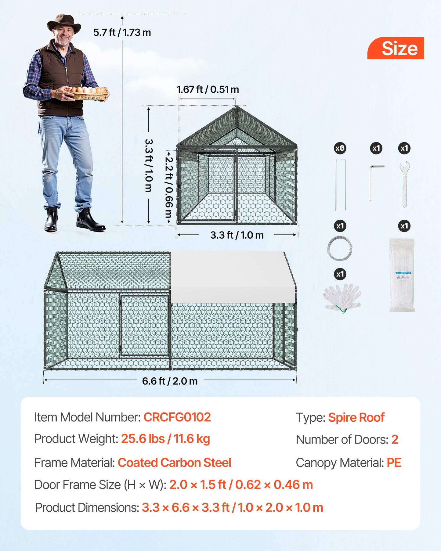 Metal Chicken Coop for 4-6 Chickens, 3.3 x 6.6 x 3.3 ft, Small Chicken Cage with Waterproof Cover & Double Doors, Spire Roof Poultry Run Compatible with Wooden Coops, for Rabbit Hen Goose Duck