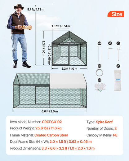 Metal Chicken Coop for 4-6 Chickens, 3.3 x 6.6 x 3.3 ft, Small Chicken Cage with Waterproof Cover & Double Doors, Spire Roof Poultry Run Compatible with Wooden Coops, for Rabbit Hen Goose Duck