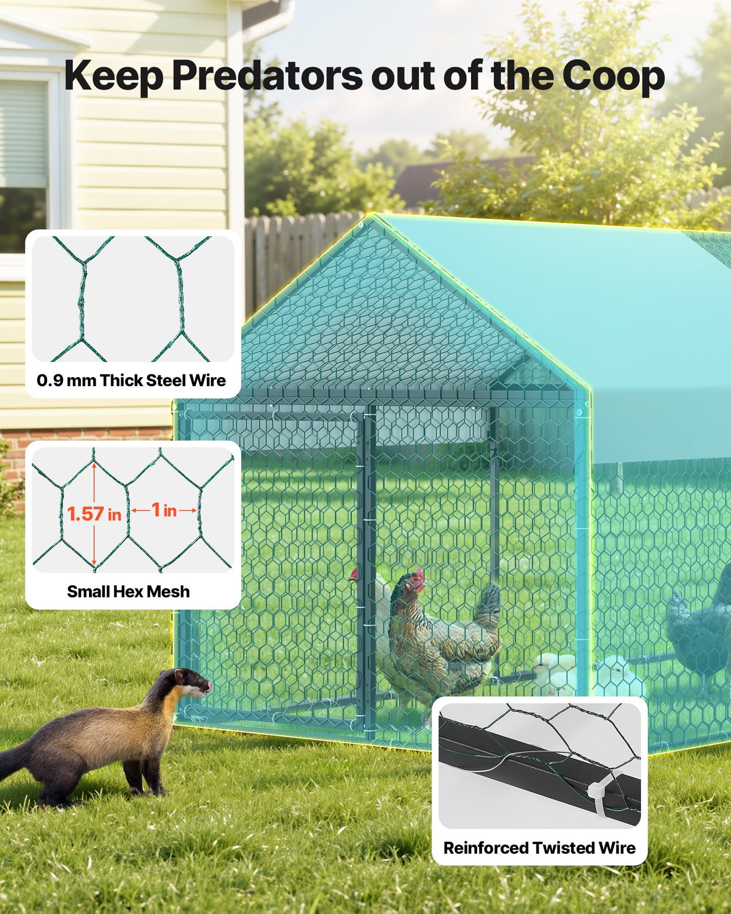 Metal Chicken Coop for 4-6 Chickens, 3.3 x 6.6 x 3.3 ft, Small Chicken Cage with Waterproof Cover & Double Doors, Spire Roof Poultry Run Compatible with Wooden Coops, for Rabbit Hen Goose Duck