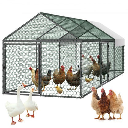 Metal Chicken Coop for 6-8 Chickens, 3.3 x 9.8 x 3.3 ft, Small Chicken Cage with Waterproof Cover & 3 Doors, Spire Roof Poultry Run Compatible with Wooden Coops, for Rabbit Hen Goose Duck