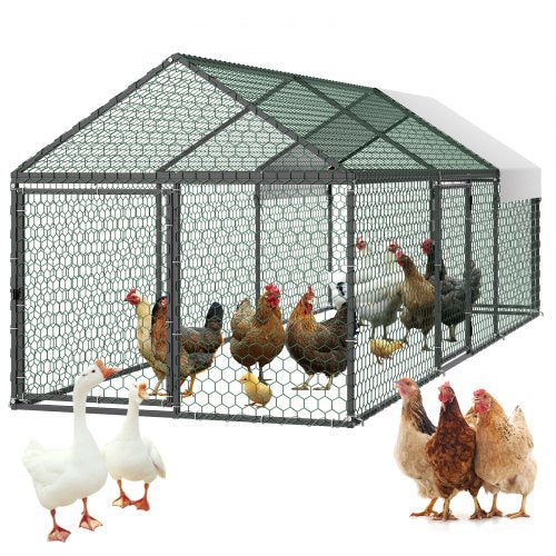 Metal Chicken Coop for 6-8 Chickens, 3.3 x 9.8 x 3.3 ft, Small Chicken Cage with Waterproof Cover & 3 Doors, Spire Roof Poultry Run Compatible with Wooden Coops, for Rabbit Hen Goose Duck