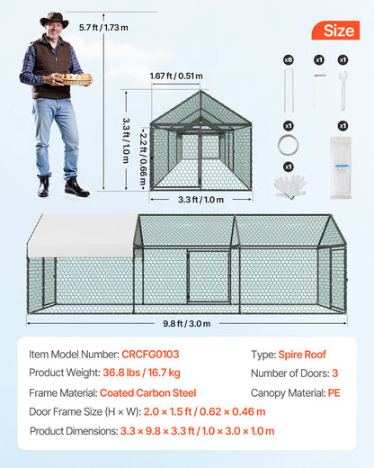 Metal Chicken Coop for 6-8 Chickens, 3.3 x 9.8 x 3.3 ft, Small Chicken Cage with Waterproof Cover & 3 Doors, Spire Roof Poultry Run Compatible with Wooden Coops, for Rabbit Hen Goose Duck