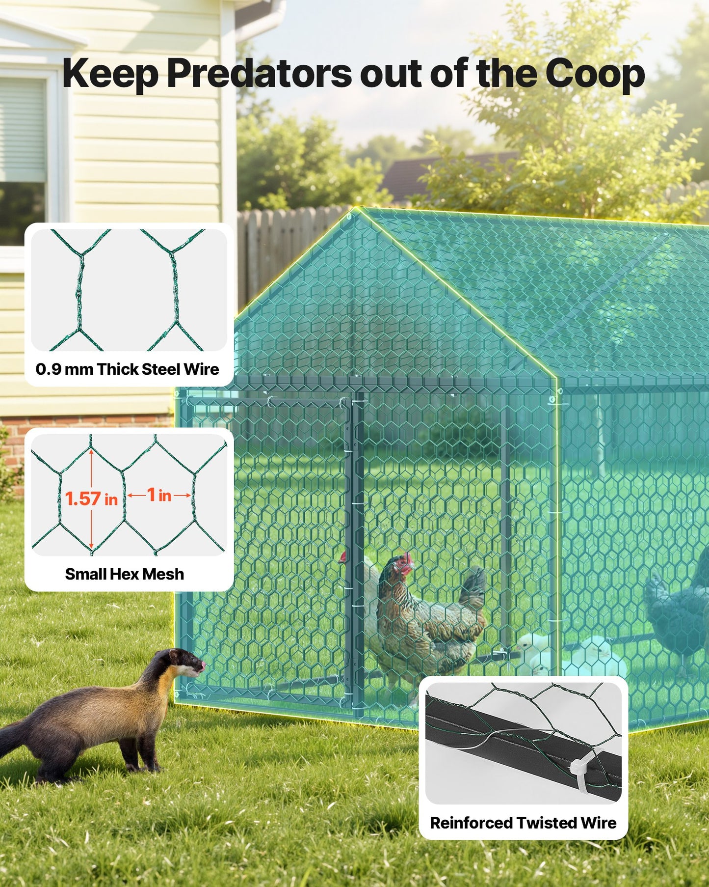 Metal Chicken Coop for 6-8 Chickens, 3.3 x 9.8 x 3.3 ft, Small Chicken Cage with Waterproof Cover & 3 Doors, Spire Roof Poultry Run Compatible with Wooden Coops, for Rabbit Hen Goose Duck