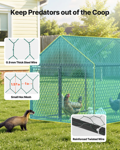 Metal Chicken Coop for 6-8 Chickens, 3.3 x 9.8 x 3.3 ft, Small Chicken Cage with Waterproof Cover & 3 Doors, Spire Roof Poultry Run Compatible with Wooden Coops, for Rabbit Hen Goose Duck