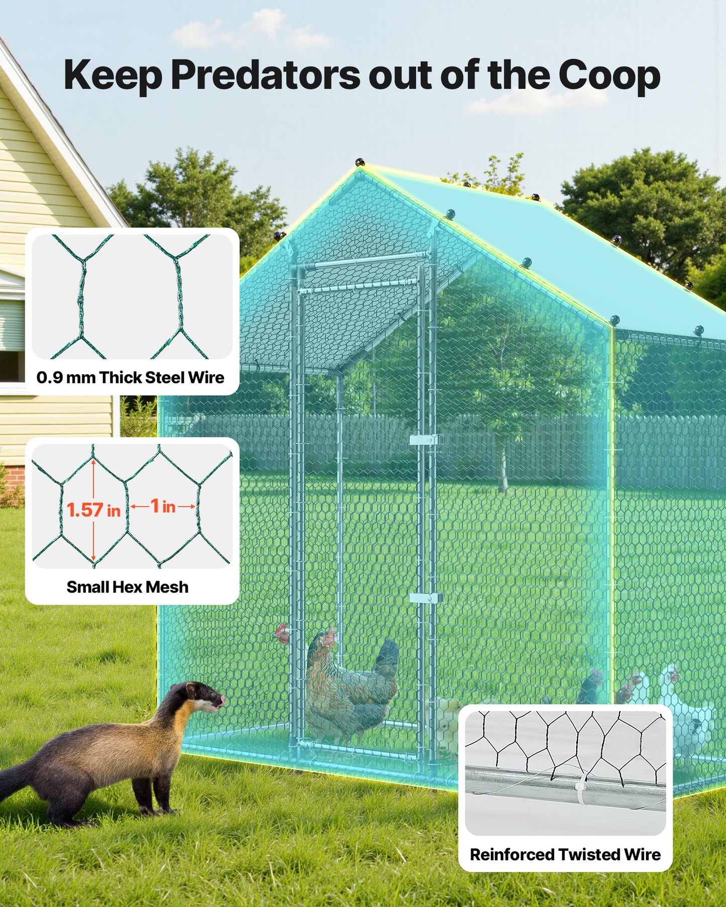 Large Metal Chicken Coop,6.6 x 3.3 x 6.6 ft, Walk-in Chicken Run House with Waterproof Cover & Sturdy Frame, Spire Roof Poultry Cage Duck Pen for Rabbit Hen Goose Outdoor Backyard Farm Use