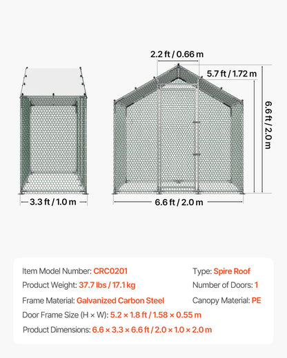 Large Metal Chicken Coop,6.6 x 3.3 x 6.6 ft, Walk-in Chicken Run House with Waterproof Cover & Sturdy Frame, Spire Roof Poultry Cage Duck Pen for Rabbit Hen Goose Outdoor Backyard Farm Use