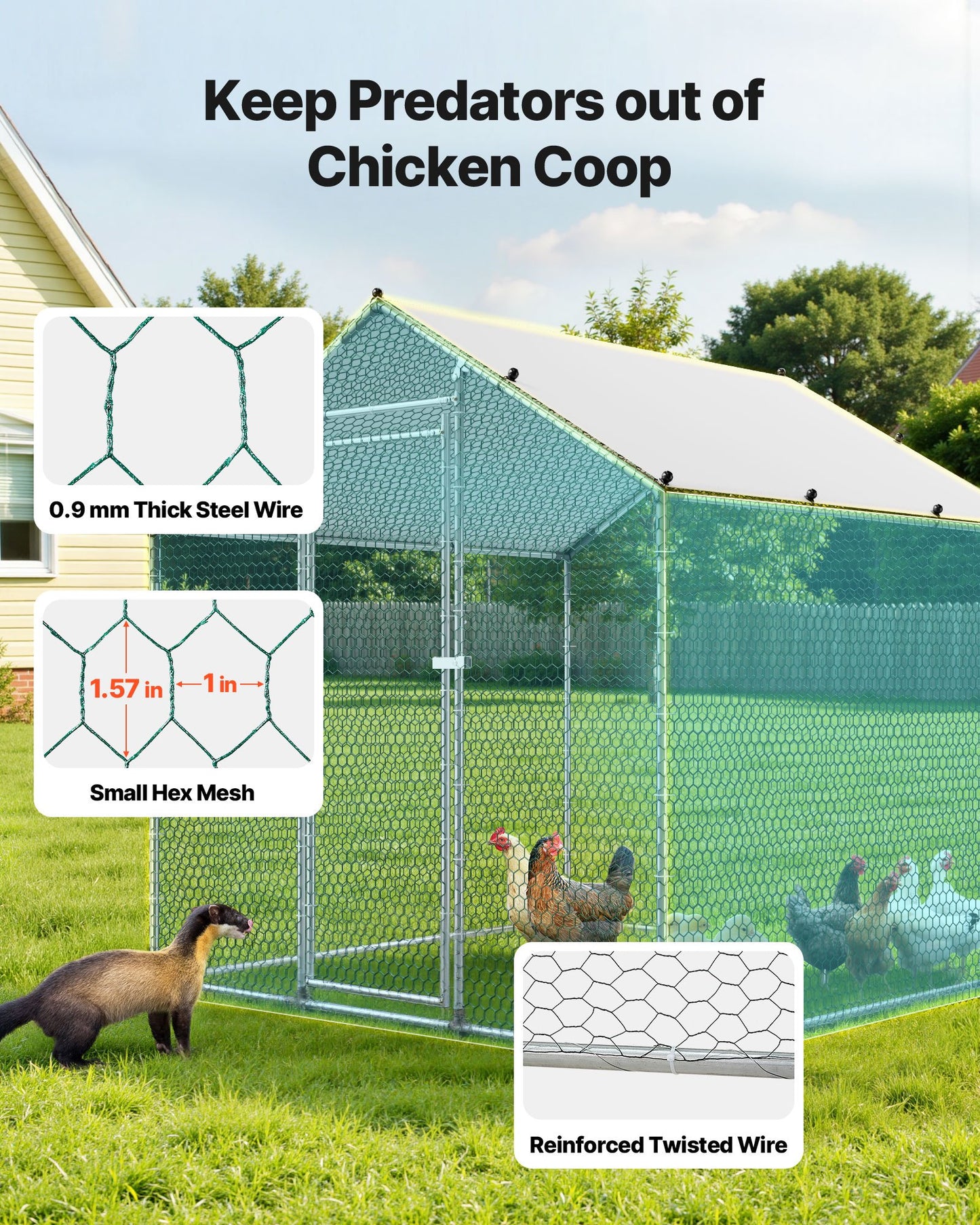 Metal Chicken Coop, 6.56x6.56x6.56ft Large Walk-in Chicken Runs with Cover, Spire Roof Hen House Enclosure with Security Lock, Outdoor Duck Rabbit Cage Poultry Pen for Backyard, Farm, Yard