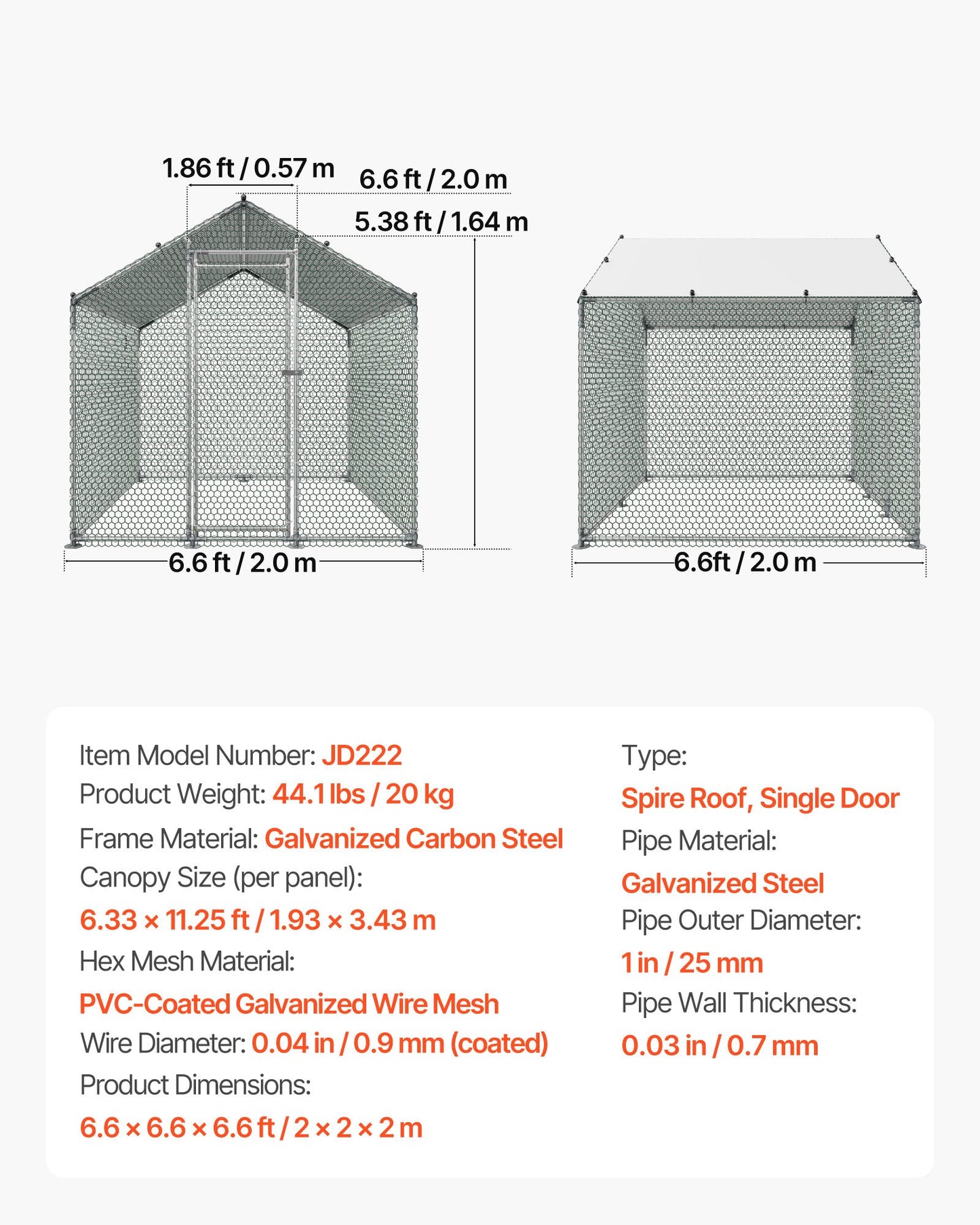 Metal Chicken Coop, 6.56x6.56x6.56ft Large Walk-in Chicken Runs with Cover, Spire Roof Hen House Enclosure with Security Lock, Outdoor Duck Rabbit Cage Poultry Pen for Backyard, Farm, Yard