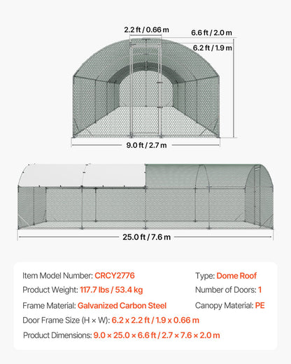 Large Metal Chicken Coop, 9 x 25 x 6.6 ft, Walk-in Chicken Run House with Waterproof Cover & Sturdy Frame, Dome Roof Poultry Cage Duck Pen for Rabbit Hen Goose Outdoor Backyard Farm Use