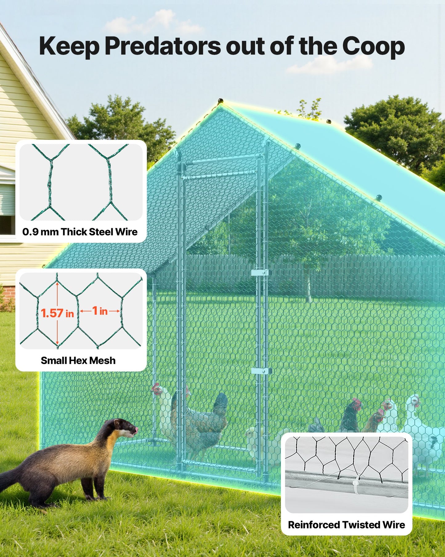 Large Metal Chicken Coop,9.8 x 3.3 x 6.6 ft, Walk-in Chicken Run House with Waterproof Cover & Sturdy Frame, Spire Roof Poultry Cage Duck Pen for Rabbit Hen Goose Outdoor Backyard Farm Use