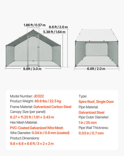 Metal Chicken Coop, 9.8x6.5x6.5ft Large Walk-in Chicken Runs with Cover, Spire Roof Hen House Enclosure with Security Lock, Outdoor Duck Rabbit Cage Poultry Pen for Backyard, Farm, Yard