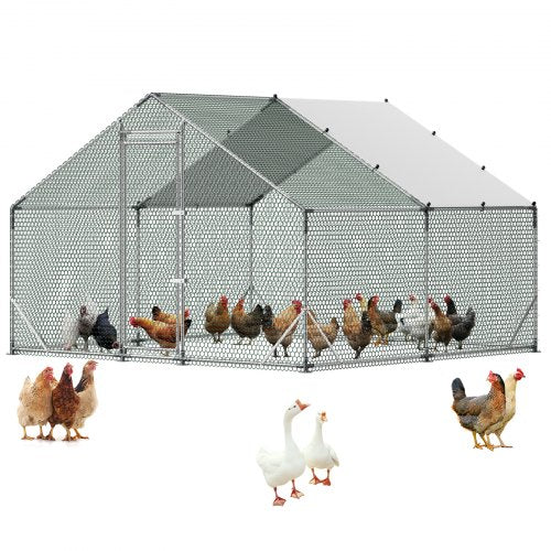 Large Metal Chicken Coop,9.8 x 9.8 x 6.6 ft, Walk-in Chicken Run House with Waterproof Cover & Sturdy Frame, Spire Roof Poultry Cage Duck Pen for Rabbit Hen Goose Outdoor Backyard Farm Use