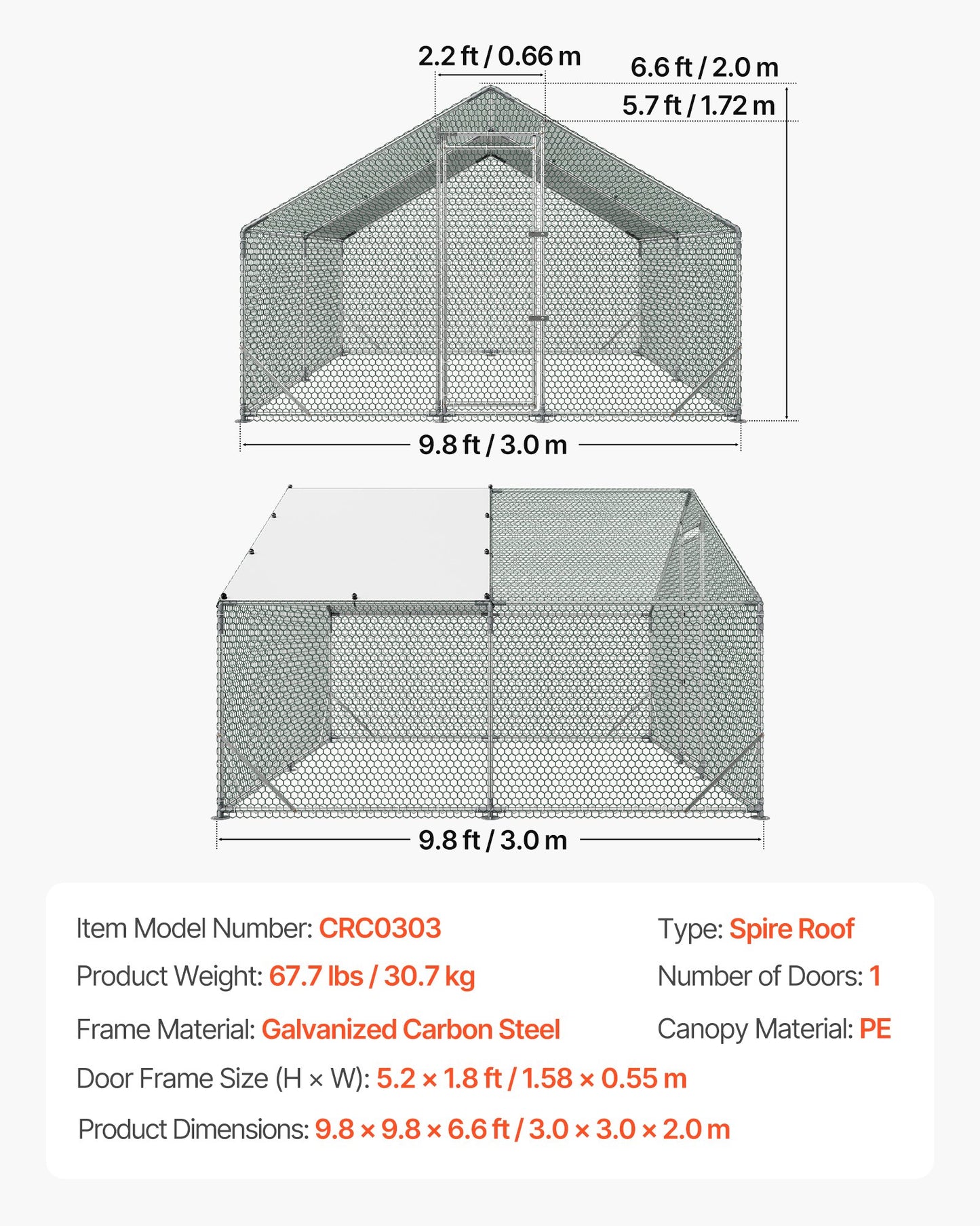 Large Metal Chicken Coop,9.8 x 9.8 x 6.6 ft, Walk-in Chicken Run House with Waterproof Cover & Sturdy Frame, Spire Roof Poultry Cage Duck Pen for Rabbit Hen Goose Outdoor Backyard Farm Use