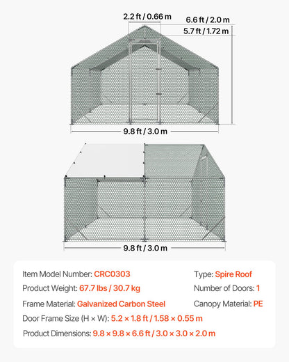 Large Metal Chicken Coop,9.8 x 9.8 x 6.6 ft, Walk-in Chicken Run House with Waterproof Cover & Sturdy Frame, Spire Roof Poultry Cage Duck Pen for Rabbit Hen Goose Outdoor Backyard Farm Use