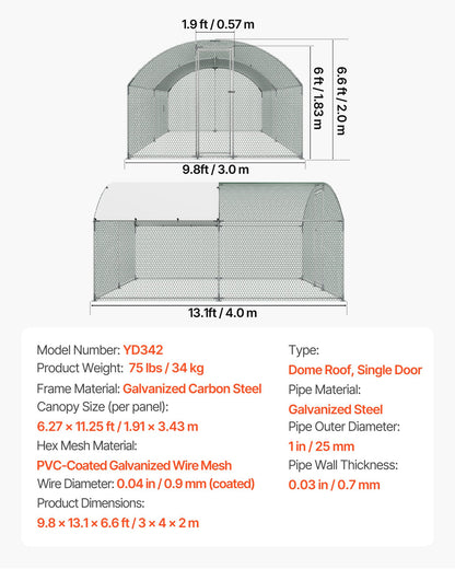 Metal Chicken Coop, 9.8x13.1x6.5 ft Large Walk-in Chicken Runs with Cover, Doom Roof Hen House Enclosure with Security Lock, Outdoor Duck Rabbit Cage Poultry Pen for Backyard, Farm, Yard