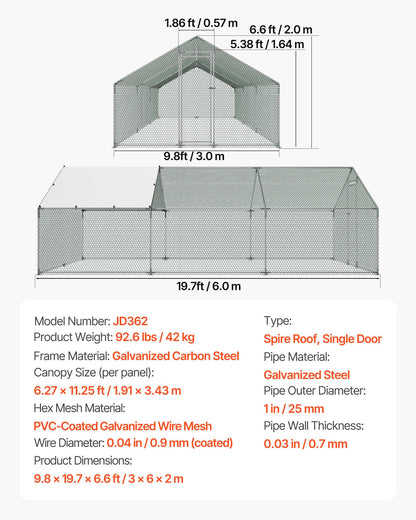 Metal Chicken Coop, 9.8x19.6x6.5 ft Large Walk-in Chicken Runs with Cover, Spire Roof Hen House Enclosure with Security Lock, Outdoor Duck Rabbit Cage Poultry Pen for Backyard, Farm, Yard