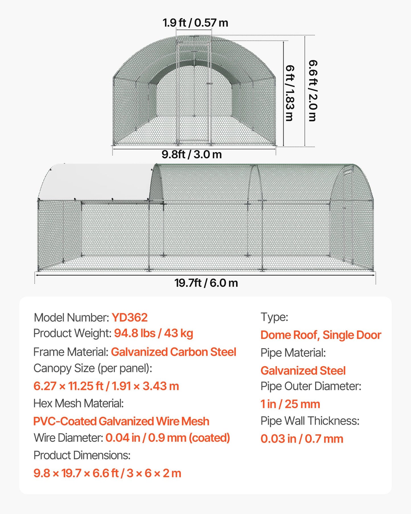 Metal Chicken Coop, 9.8x19.3x6.5 ft Large Walk-in Chicken Runs with Cover, Doom Roof Hen House Enclosure with Security Lock, Outdoor Duck Rabbit Cage Poultry Pen for Backyard, Farm, Yard
