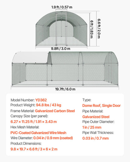 Metal Chicken Coop, 9.8x19.3x6.5 ft Large Walk-in Chicken Runs with Cover, Doom Roof Hen House Enclosure with Security Lock, Outdoor Duck Rabbit Cage Poultry Pen for Backyard, Farm, Yard