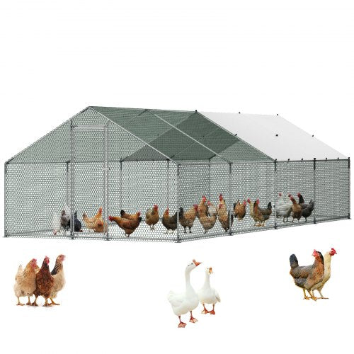 Metal Chicken Coop, 9.8x26.2x6.5 ft Large Walk-in Chicken Runs with Cover, Spire Roof Hen House Enclosure with Security Lock, Outdoor Duck Rabbit Cage Poultry Pen for Backyard, Farm, Yard