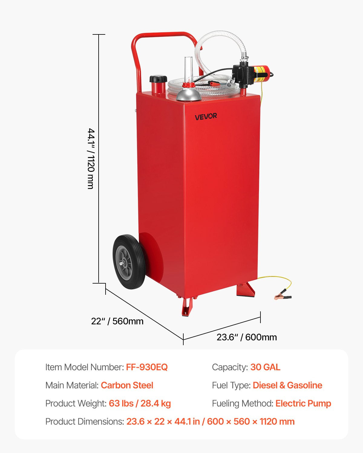 30 Gallon Gas Caddy, Max Flow 32L/min, Diesel Tank with Electric Pump, Diesel Storage Tank with 2 Wheels & 10 ft Hose, Gas Container for ATV, Car, Mowers, Boat, Motorcycle, and More, Red