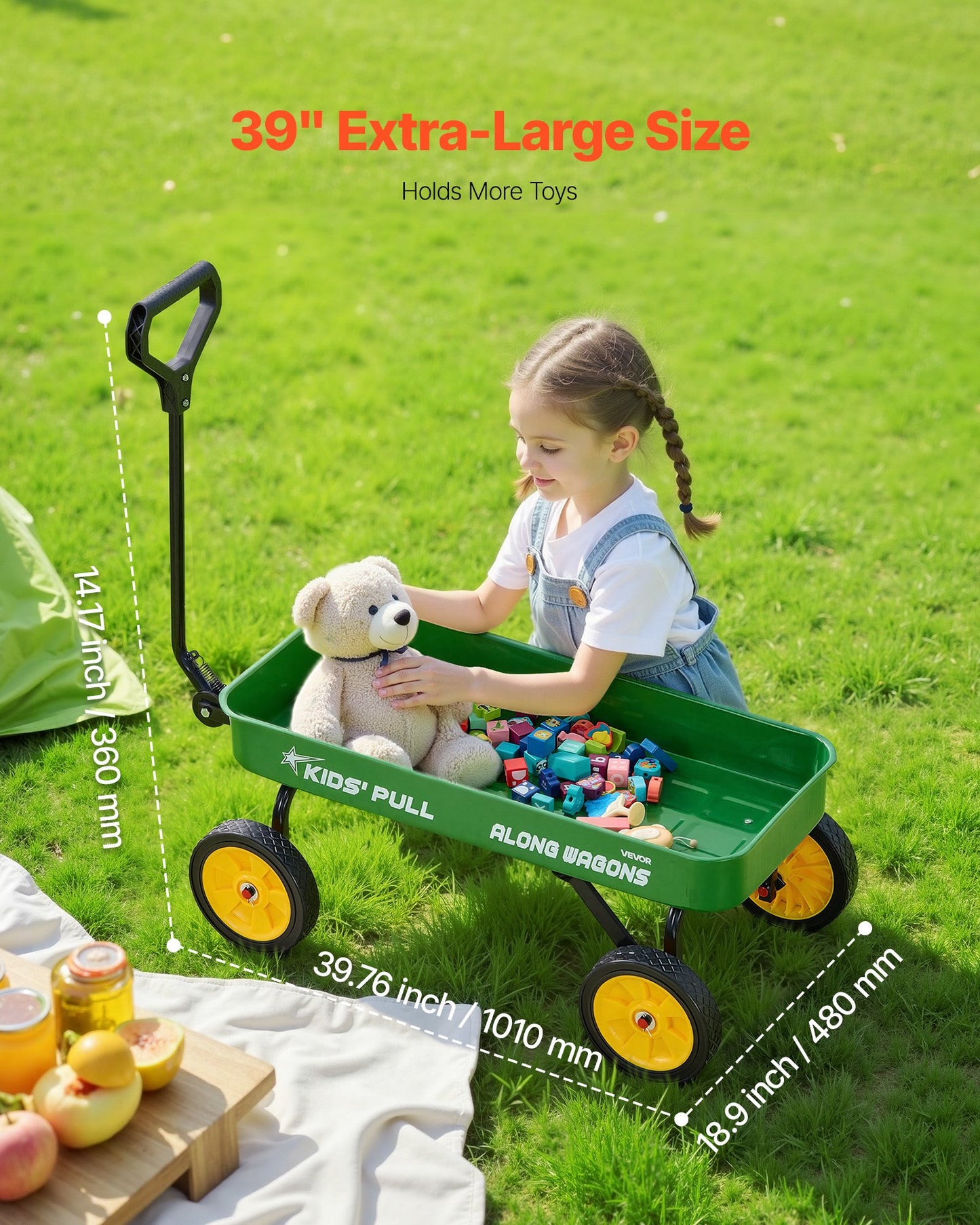 Pull-Along Wagon for Kids, 39 inch Toddler Wagons, Supports up to 176 lbs, All-Terrain Wagons with Handle, Utility Wagon Cart Birthday Present for Kids Gardening Beach Camping, Green