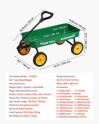 Pull-Along Wagon for Kids, 39 inch Toddler Wagons, Supports up to 176 lbs, All-Terrain Wagons with Handle, Utility Wagon Cart Birthday Present for Kids Gardening Beach Camping, Green