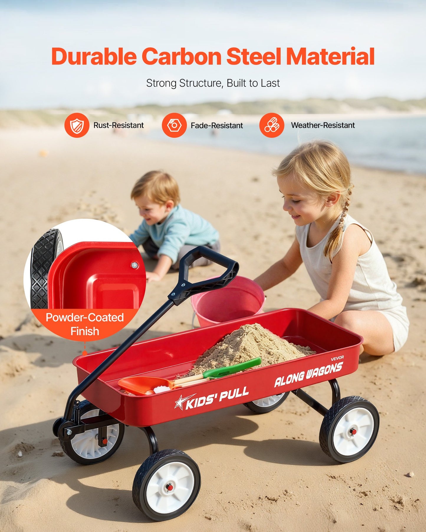Pull-Along Wagon for Kids, 39 inch Toddler Wagons, Supports up to 176 lbs, All-Terrain Wagons with Handle, Utility Wagon Cart Birthday Present for Kids Gardening Beach Camping, Red