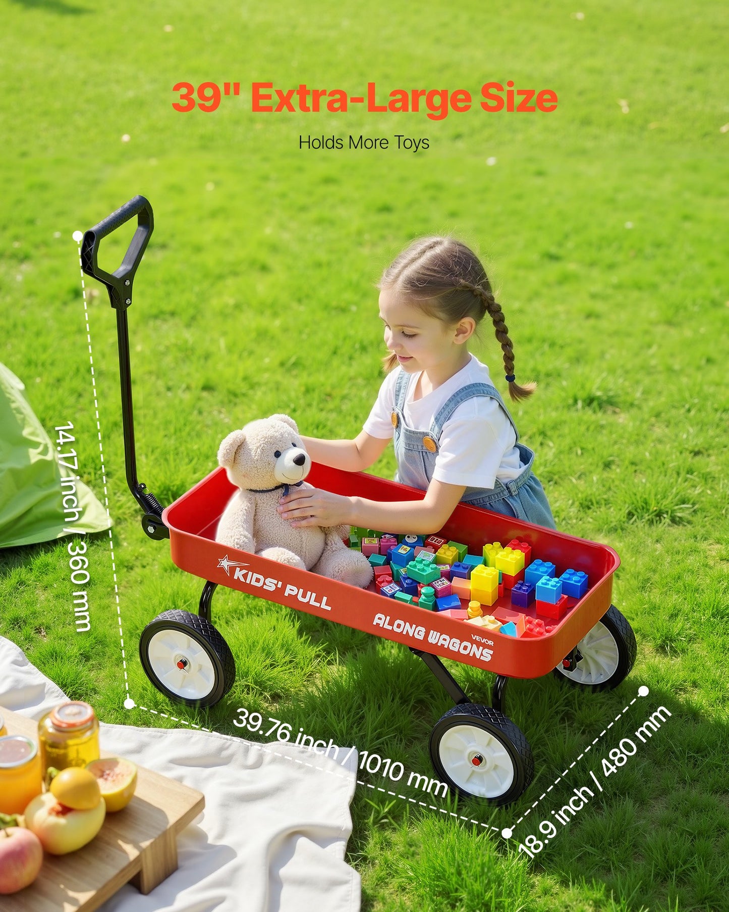 Pull-Along Wagon for Kids, 39 inch Toddler Wagons, Supports up to 176 lbs, All-Terrain Wagons with Handle, Utility Wagon Cart Birthday Present for Kids Gardening Beach Camping, Red