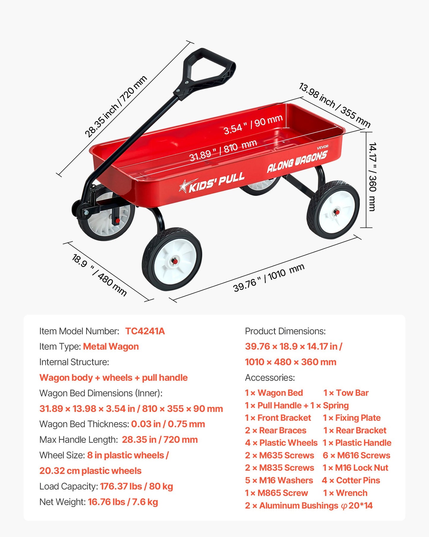 Pull-Along Wagon for Kids, 39 inch Toddler Wagons, Supports up to 176 lbs, All-Terrain Wagons with Handle, Utility Wagon Cart Birthday Present for Kids Gardening Beach Camping, Red