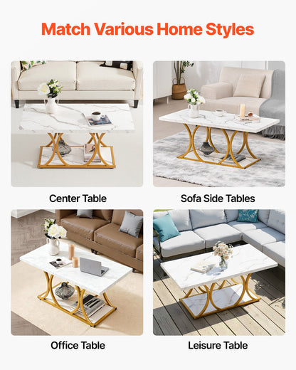 Coffee Table, Modern Faux Marble Coffee Table, Large 2-Tier Rectangle Center Desk with Geometric Legs, Minimalist Sturdy Metal Frame Accent End Desk for Living Room, Office, Easy Assembly, White
