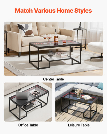 Coffee Table, Modern Tempered Glass Coffee Table with Lighting, 2 Tiers Rectangle Glass Center Desk with Open Storage, Minimalist Metal Accent End Desk for Living Room, Office, Easy Assembly
