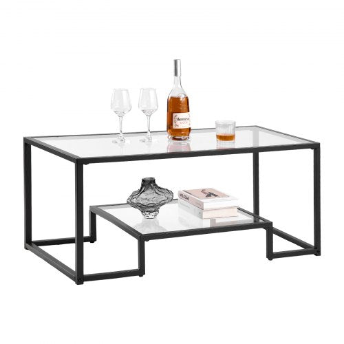 Coffee Table, Modern Tempered Glass Coffee Table, 2 Tiers Rectangle Glass Center Desk with Open Storage, Minimalist Sturdy Metal Frame Accent End Desk for Living Room, Office, Easy Assembly