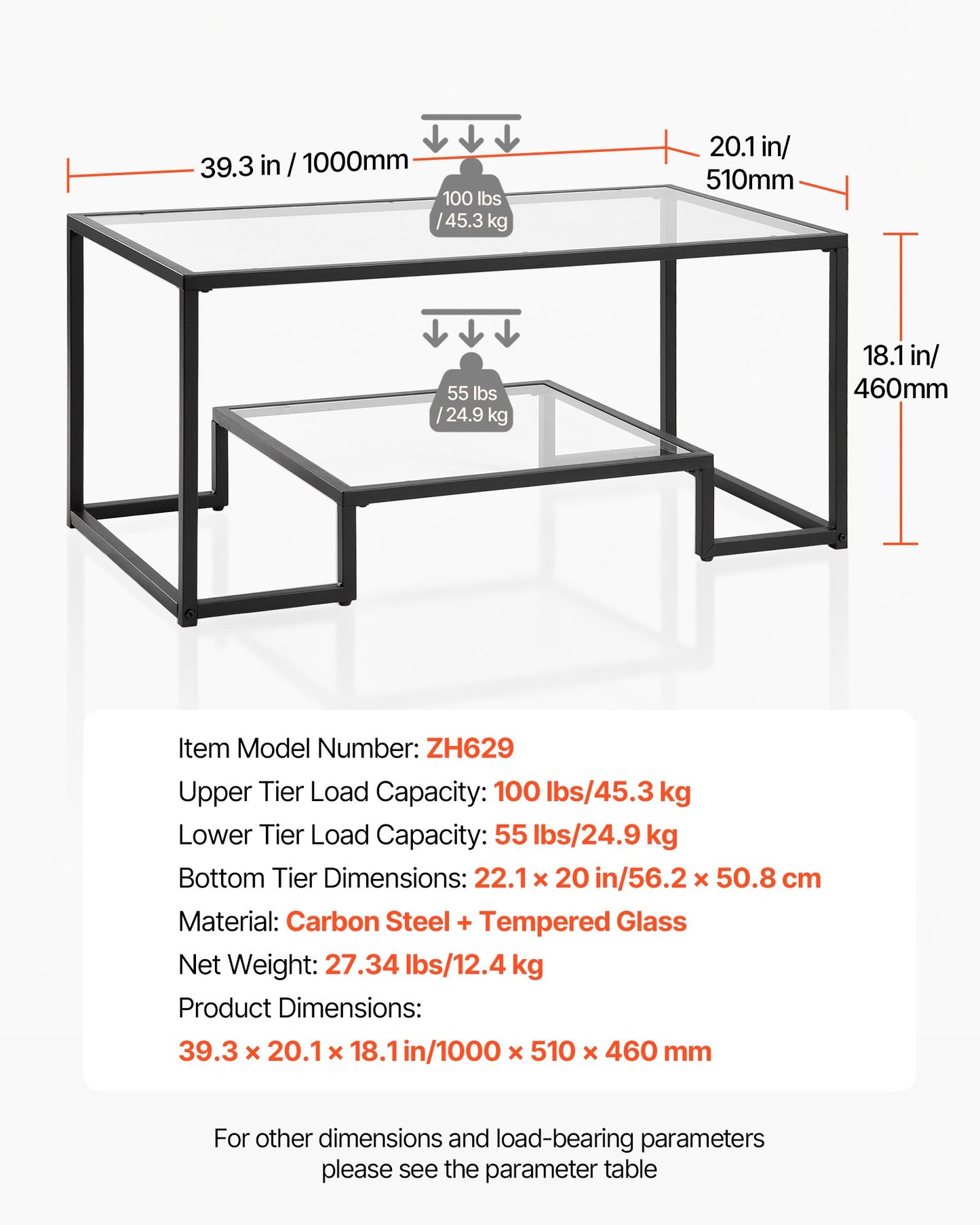 Coffee Table, Modern Tempered Glass Coffee Table, 2 Tiers Rectangle Glass Center Desk with Open Storage, Minimalist Sturdy Metal Frame Accent End Desk for Living Room, Office, Easy Assembly