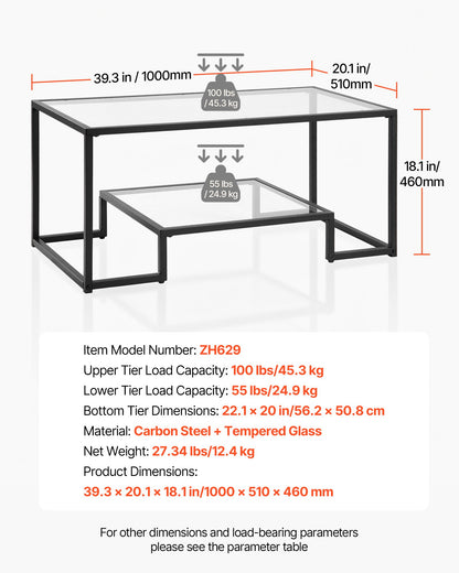 Coffee Table, Modern Tempered Glass Coffee Table, 2 Tiers Rectangle Glass Center Desk with Open Storage, Minimalist Sturdy Metal Frame Accent End Desk for Living Room, Office, Easy Assembly