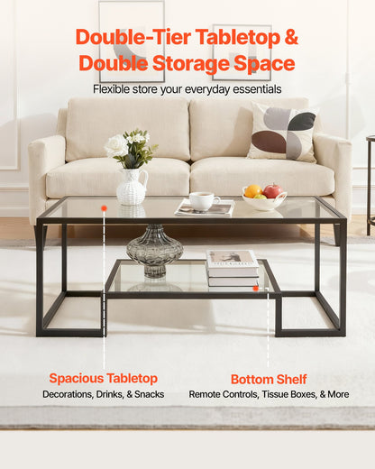 Coffee Table, Modern Tempered Glass Coffee Table, 2 Tiers Rectangle Glass Center Desk with Open Storage, Minimalist Sturdy Metal Frame Accent End Desk for Living Room, Office, Easy Assembly