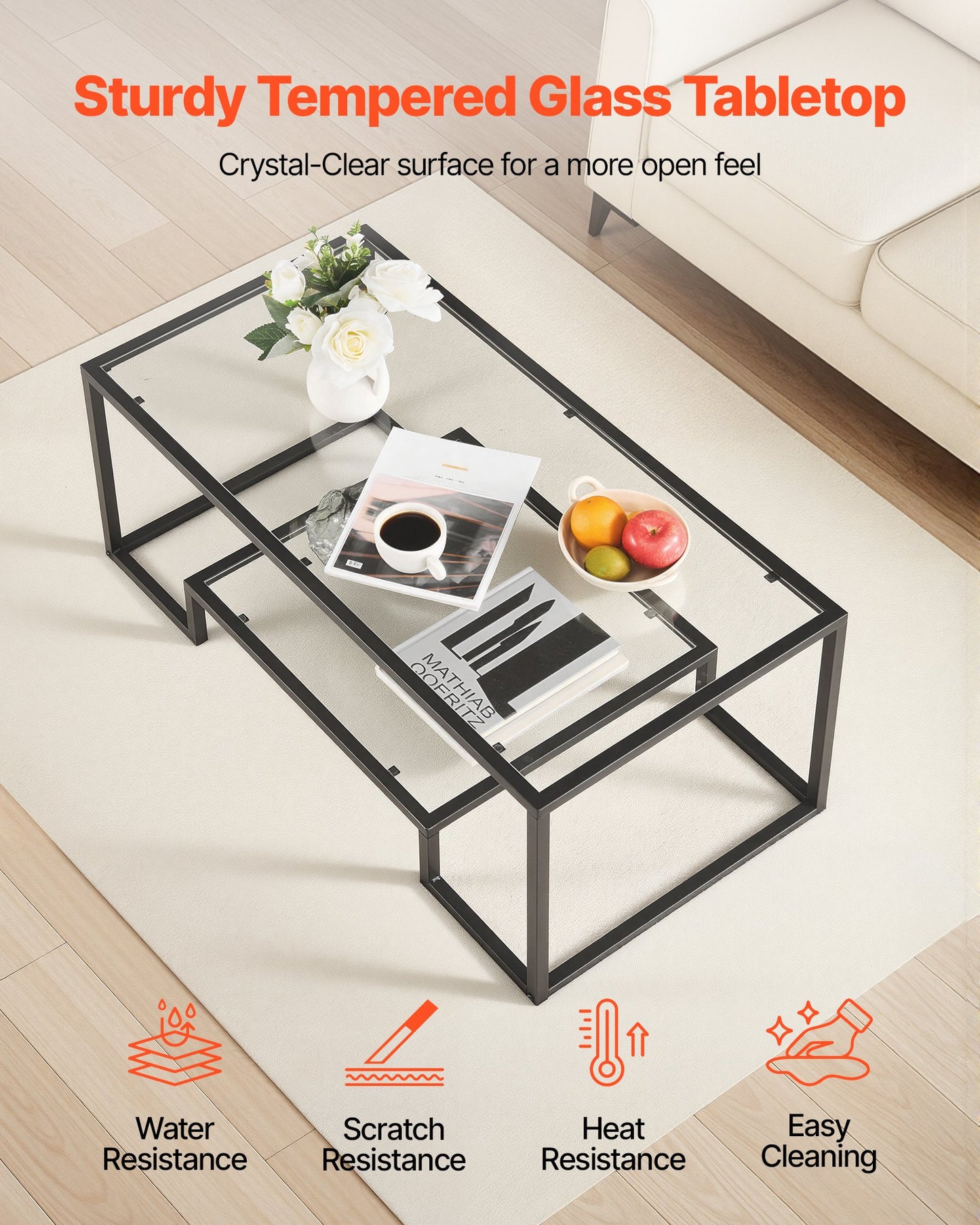 Coffee Table, Modern Tempered Glass Coffee Table, 2 Tiers Rectangle Glass Center Desk with Open Storage, Minimalist Sturdy Metal Frame Accent End Desk for Living Room, Office, Easy Assembly
