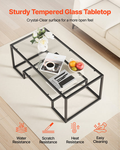 Coffee Table, Modern Tempered Glass Coffee Table, 2 Tiers Rectangle Glass Center Desk with Open Storage, Minimalist Sturdy Metal Frame Accent End Desk for Living Room, Office, Easy Assembly