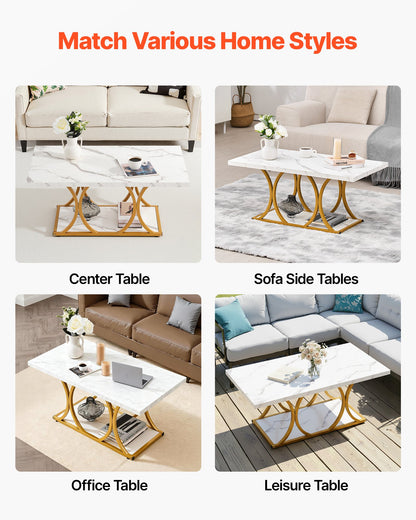 Coffee Table, Modern Faux Marble Coffee Table, 2-Tier Rectangle Center Desk with Geometric Legs, Minimalist Sturdy Metal Frame Accent End Desk for Living Room, Office, Easy Assembly, White
