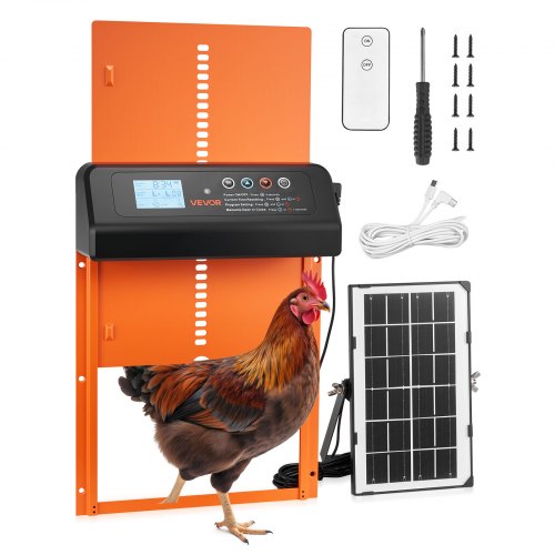 Automatic Chicken Coop Door, Solar & Battery Powered Chicken Door with LCD Display, Remote Control, Light Sensor & Timer, Anti-Pinch Security, Aluminum Alloy Chick Run Gate Opener, Orange