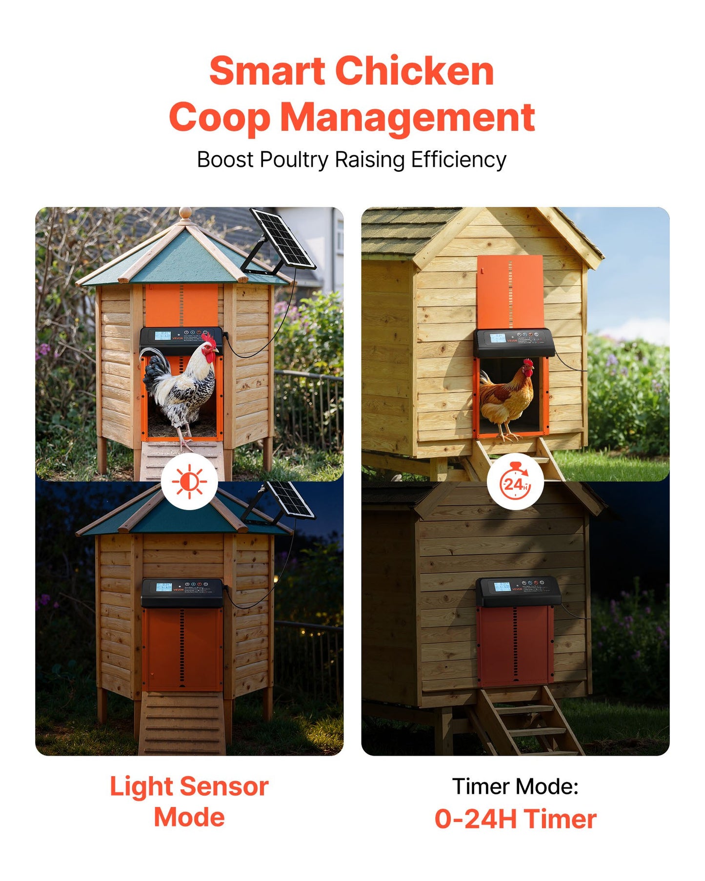Automatic Chicken Coop Door, Solar & Battery Powered Chicken Door with LCD Display, Remote Control, Light Sensor & Timer, Anti-Pinch Security, Aluminum Alloy Chick Run Gate Opener, Orange