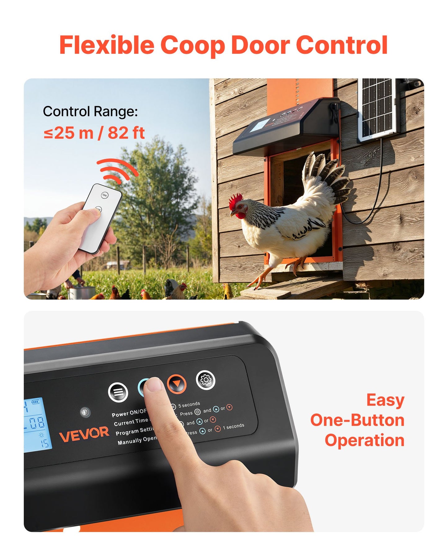 Automatic Chicken Coop Door, Solar & Battery Powered Chicken Door with LCD Display, Remote Control, Light Sensor & Timer, Anti-Pinch Security, Aluminum Alloy Chick Run Gate Opener, Orange