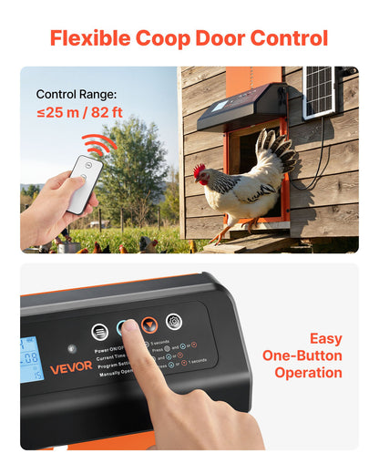 Automatic Chicken Coop Door, Solar & Battery Powered Chicken Door with LCD Display, Remote Control, Light Sensor & Timer, Anti-Pinch Security, Aluminum Alloy Chick Run Gate Opener, Orange