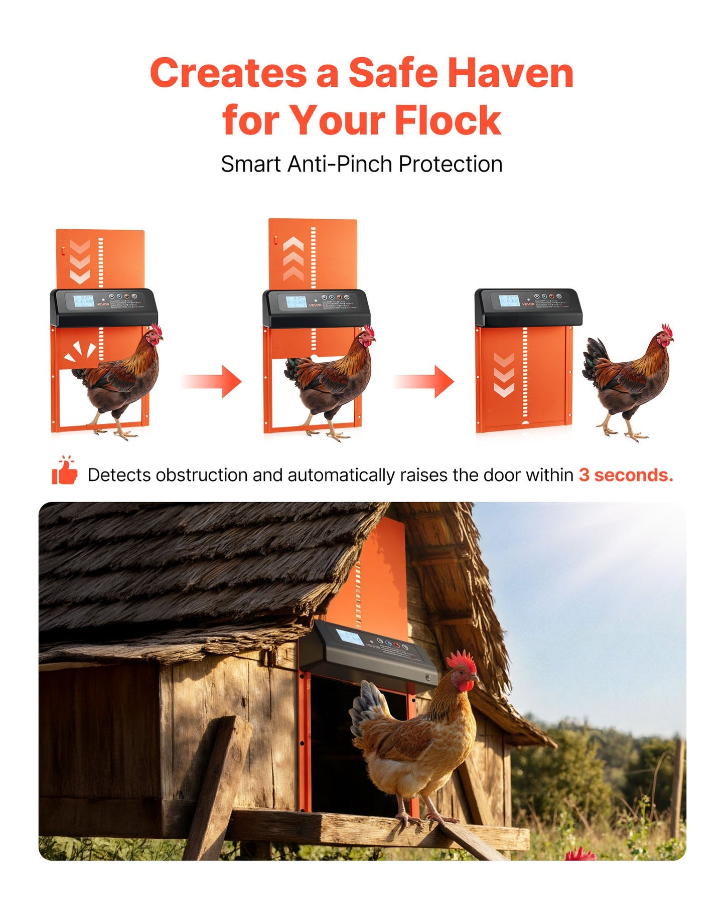 Automatic Chicken Coop Door, Solar & Battery Powered Chicken Door with LCD Display, Remote Control, Light Sensor & Timer, Anti-Pinch Security, Aluminum Alloy Chick Run Gate Opener, Orange