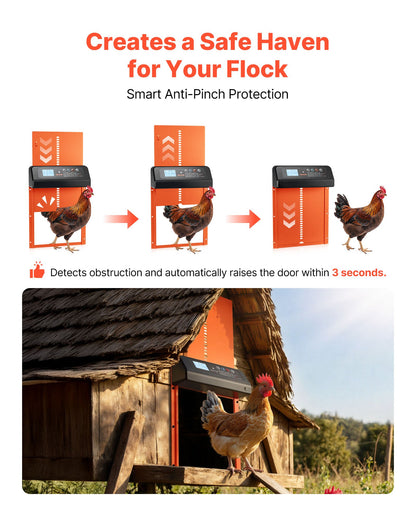 Automatic Chicken Coop Door, Solar & Battery Powered Chicken Door with LCD Display, Remote Control, Light Sensor & Timer, Anti-Pinch Security, Aluminum Alloy Chick Run Gate Opener, Orange