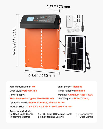 Automatic Chicken Coop Door, Solar & Battery Powered Chicken Door with LCD Display, Remote Control, Light Sensor & Timer, Anti-Pinch Security, Aluminum Alloy Chick Run Gate Opener, Orange