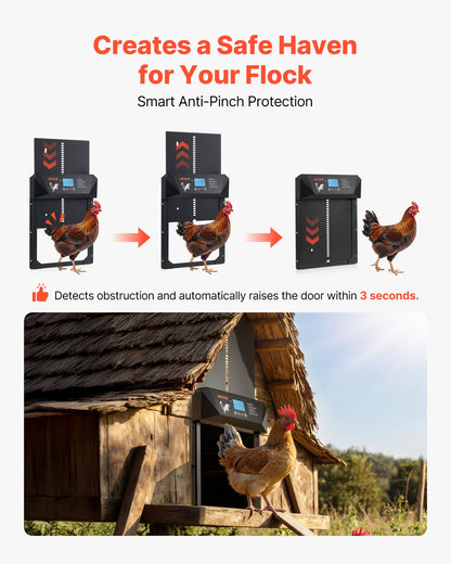 Automatic Chicken Coop Door, DC & Battery Powered Chicken Door with LCD Display, Light Sensor, Timer & Manual Setting, Anti-Pinch Security, Durable Aluminum Alloy, Chick Run Gate Opener for Farm
