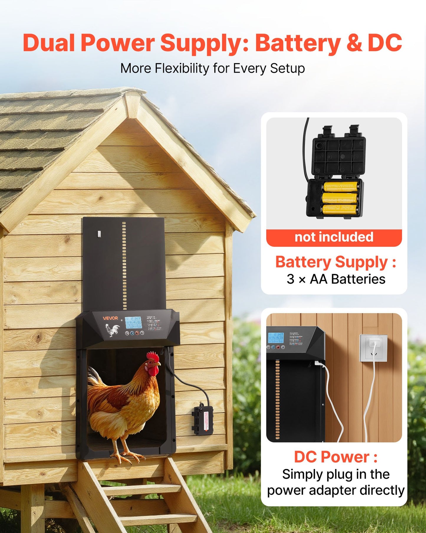 Automatic Chicken Coop Door, DC & Battery Powered Chicken Door with LCD Display, Light Sensor, Timer & Manual Setting, Anti-Pinch Security, Durable Aluminum Alloy, Chick Run Gate Opener for Farm